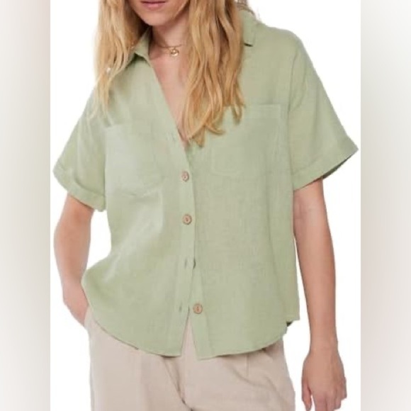 FSL Apparel Seafoam Green Button Down Linen-Like top - Picture 1 of 7